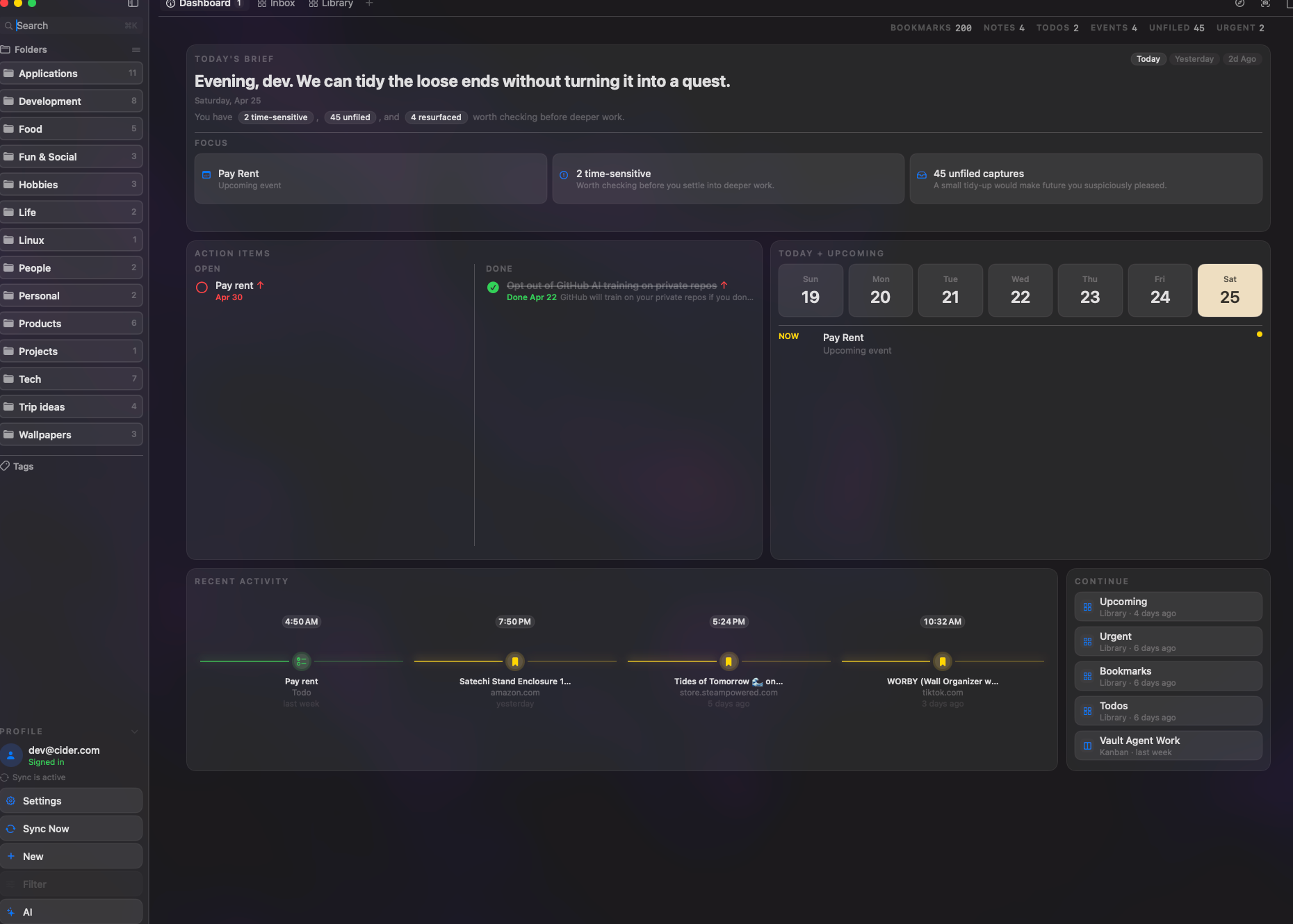 Cider dashboard overview with sidebar, daily brief, action items, calendar, and recent activity.
