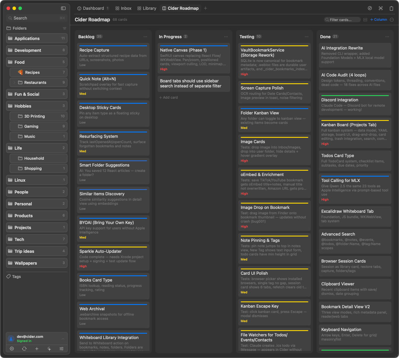 Cider roadmap kanban board with columns for backlog, in progress, testing, and done.