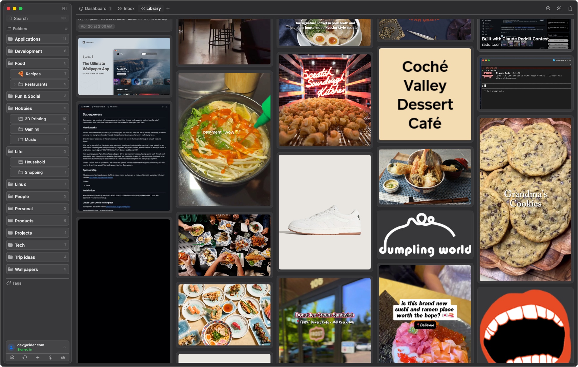 Cider library masonry view with saved bookmarks, folders, images, and web captures.